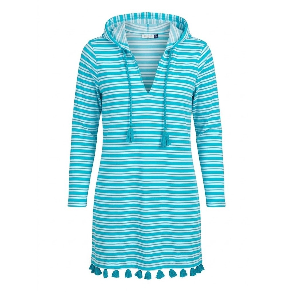 Cabana Life Blue White Striped Hooded Tassel Tunic Dress Large Resort Swim